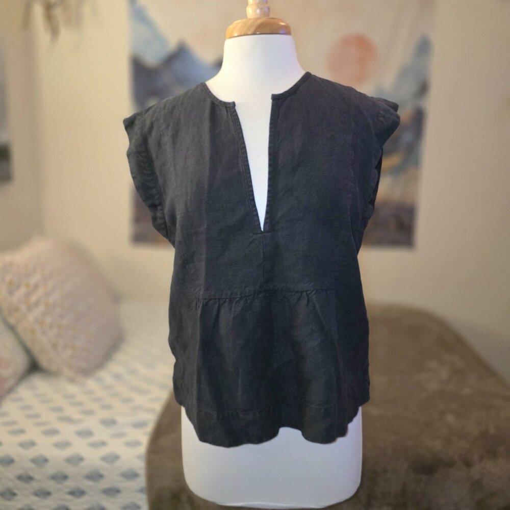 AG Adriano Goldschmied Trista Black Linen Chambray Notch V-Neck Blouse Small - Picture 3 of 14